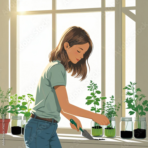 Teen Girl Tending Indoor Herb Garden