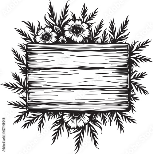 Rustic wooden sign adorned with delicate flowers and lush foliage