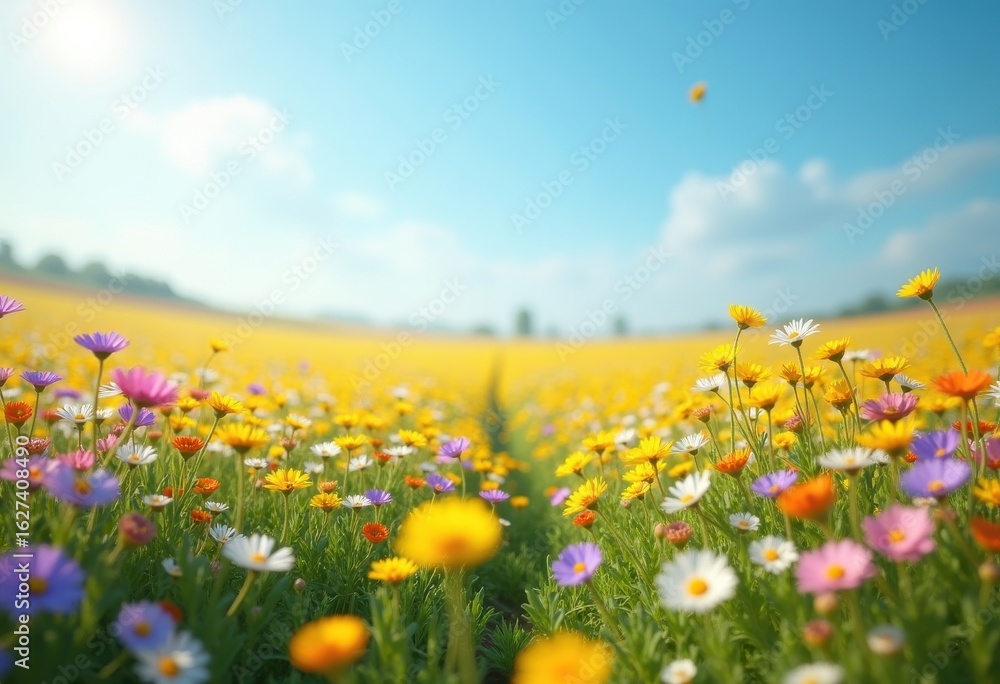 Fototapeta premium vibrant wildflower fields colorful blossoms under clear blue sky nature scenery bright spring landscape, sunshine, petal, flora, meadow, beauty, horizon, tulip
