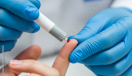 A medical professional performs a blood sugar test with a lancing device. This image is ideal for themes of diabetes management and healthcare.