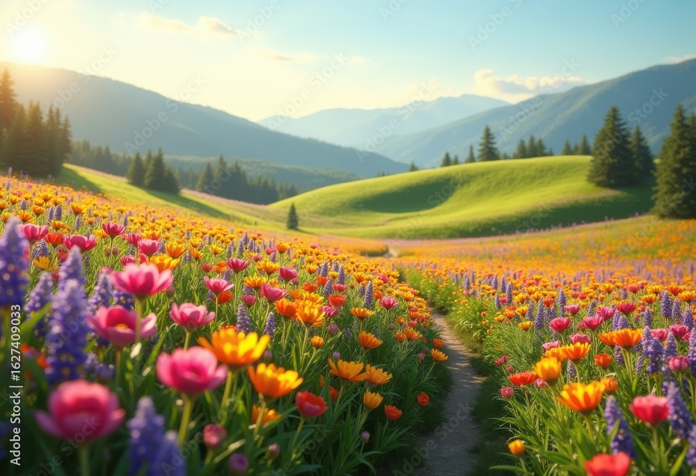Fototapeta premium vibrant wildflower fields rolling hills colorful meadow nature scenic view blooming flora, landscape, spring, beauty, petal, grass, scene, terrain, ecosystem