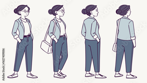 Illustration of a woman wearing a blazer and pants in different poses and angles on a white background