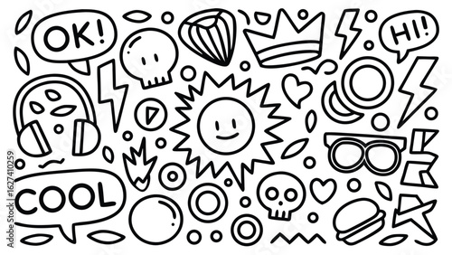Doodle collage with sun skull crown lightning vector