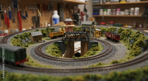 Model Train Set with Circular Tracks Miniature Landscape and Train Cars in Workshop