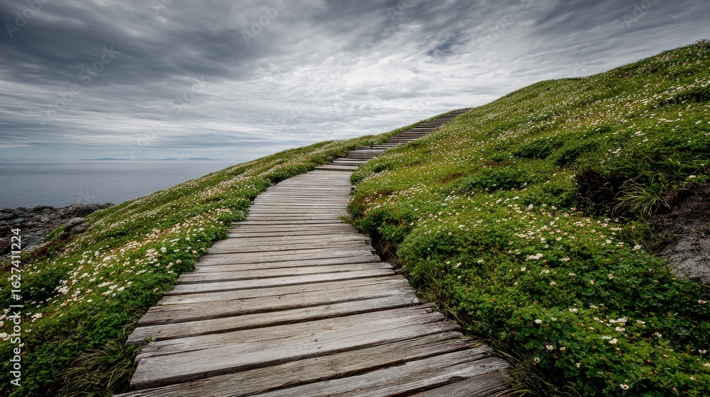 Fototapeta premium Wooden walkway winding uphill through grassy knolls by the coast.