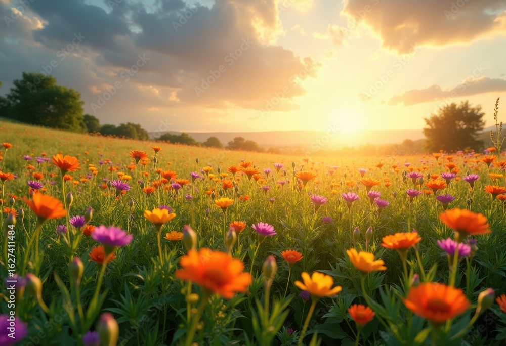 Obraz premium vibrant wildflowers blooming lush countryside meadows colorful fields nature beauty scenic serenity, landscape, grass, pollen, daisy, pansy, spring, petal
