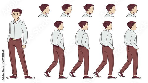 Illustration showing a man in various stages of walking and in different face orientations