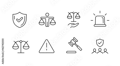 Justice and law outline icons set – legal, courtroom, scales of justice symbols