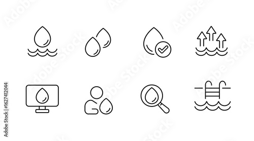 Water activity outline icons set – swimming, aquatic, and pool symbols