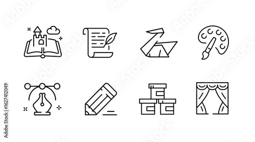 Creative writing and art line icons set – linear, outline, artistic symbols