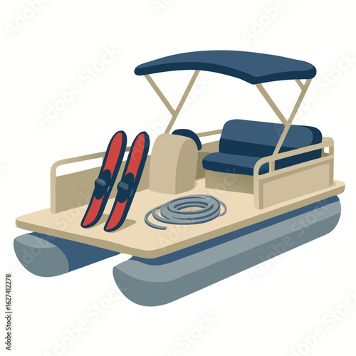 A vector illustration of a blue and beige pontoon boat with water skis on the deck in a serene lake setting.