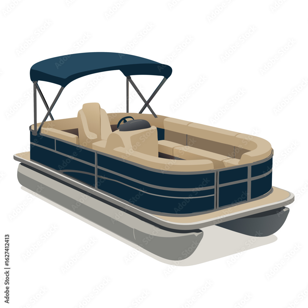 Naklejka premium Dark blue and beige pontoon boat with canopy on white background vector illustration
