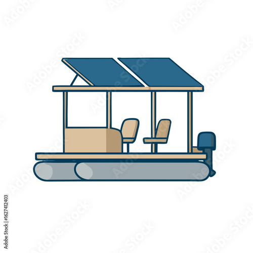 Solar powered pontoon boat with seating area for eco friendly transportation and recreation on water