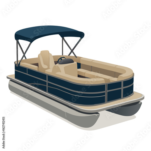 Dark blue and beige pontoon boat with canopy on white background vector illustration