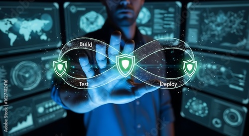 Man presents a digital diagram of software development lifecycle with security shields on multiple screens.