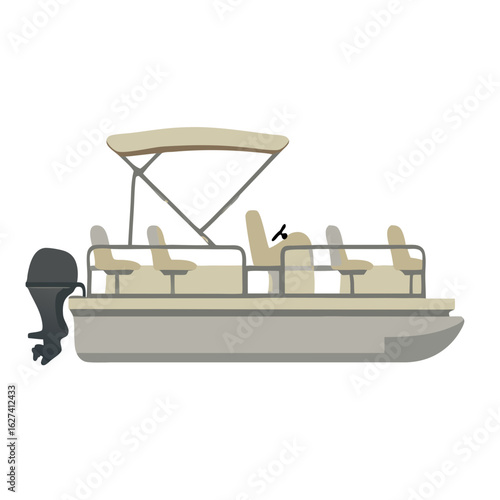 Vector illustration of a beige pontoon boat with canopy and motor on a white background for nautical designs