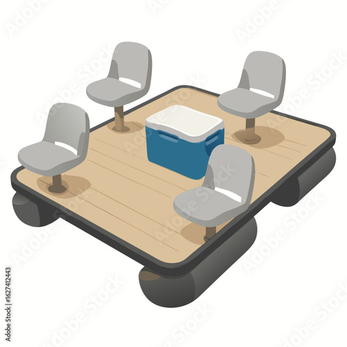 Floating pontoon vector with cooler and chairs for outdoor relaxation on water
