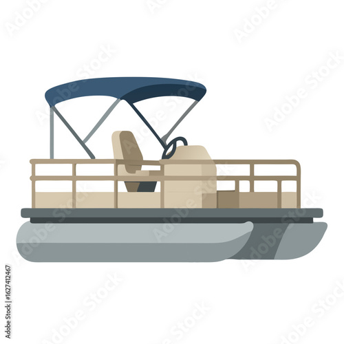 Illustration of a luxurious pontoon boat with canopy on calm waters, vector graphic design