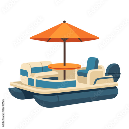 Pontoon boat with table and umbrella on calm waters, summer relaxation concept