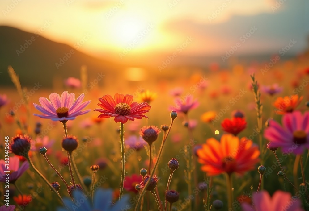 Obraz premium vibrant wildflowers blooming sunlit rolling hills captivating palette colors light, sunlight, landscape, nature, field, meadow, blossom, petal, flora