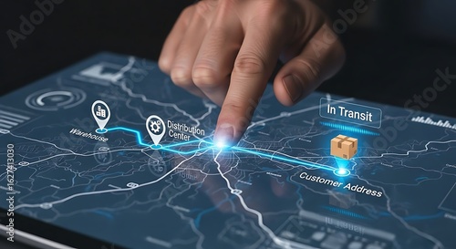 A hand interacting with a digital map showing a package's delivery route and status on a tablet.
