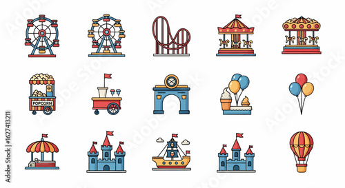 Vibrant flat design icons depicting classic amusement park rides, carnival food stands, and entertainment attractions.