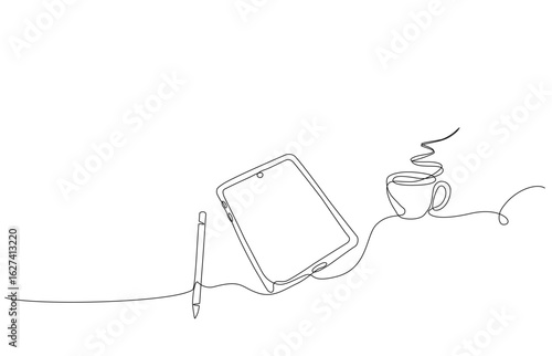 Minimal continuous one line drawing of a tablet with stylus pen and a cup of hot coffee, representing creativity, digital art, and relaxing workspace concept. Vector illustration, editable stroke