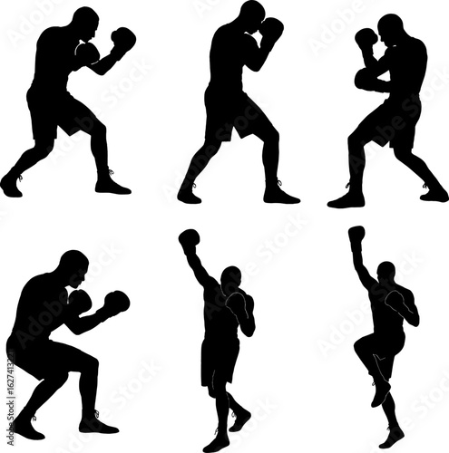 Boxer pose in different angles in black and white silhouette with white background 