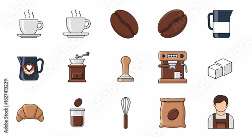 A collection of coffee-related icons including cups, beans, a grinder, espresso machine, sugar cubes, a croissant, and a barista.