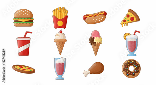 Cartoon style illustration of assorted fast food items including burger, fries, hotdog, pizza, ice cream, soda, milkshake, donut, and fried chicken.