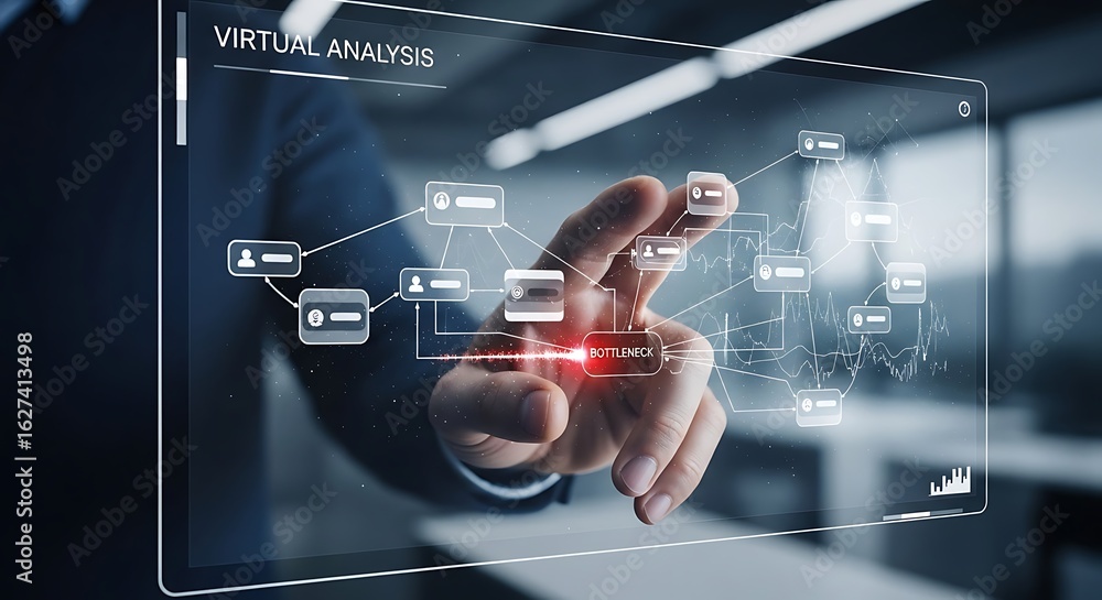Obraz premium Businessman interacts with a virtual analysis interface displaying interconnected data points and graphs.