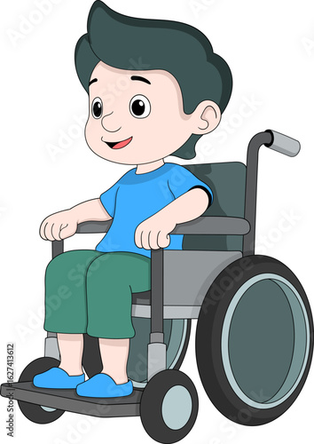 Cartoon Boy in Wheelchair Smiling Happily