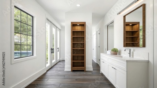 Wallpaper Mural Tall wooden bookshelf in a modern hallway isolated on white background Torontodigital.ca