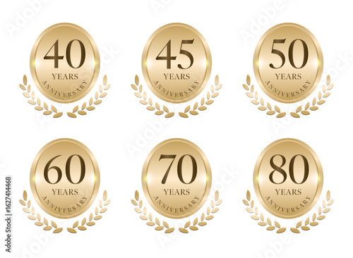 月桂樹とメダルのanniversaryロゴ（40周年, 50周年, 60周年, 70周年, 80周年）