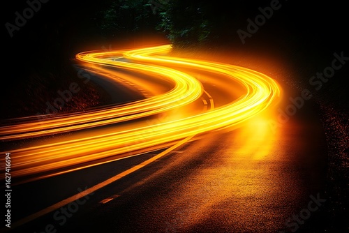 S- Curve Road Light Trails at Night with Golden Orange Streaks
