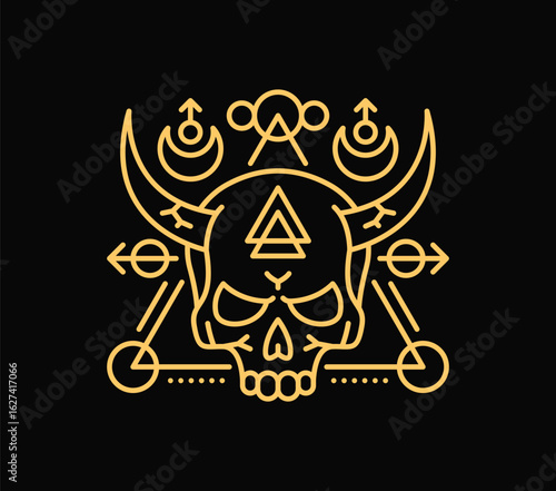 Esoteric line symbol for Tarot cards and mystic Boho tattoo, vector skull occult sign. Astrology magic symbol of skull with devil horns and celestial symbols for Tarot cards, esoteric and witchcraft
