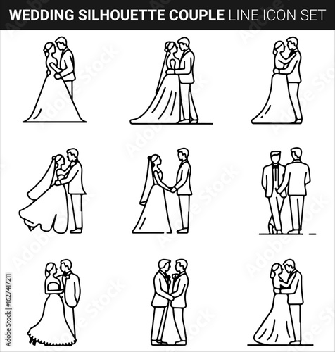 Quality full Wedding Silhouette Bundle Couple line icon set