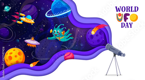 World UFO day paper cut banner with telescope standing on tripod projecting outer galaxy space with alien, saucers, stars, planets in wavy cutout 3d vector frame. Extraterrestrial global celebration