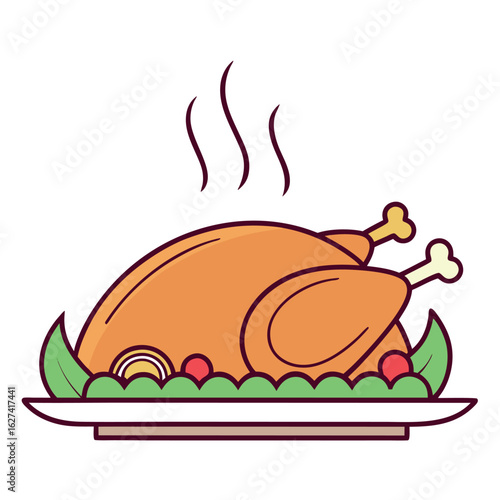 Cartoon roasted turkey sits on a decorated platter, emitting steam above, transparent background