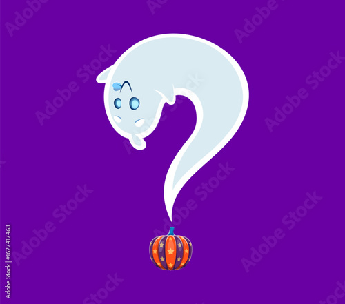 Halloween font question mark ghost cartoon character. Cheerful monster typeset element, scary spirit character or Halloween ghost personage ABC vector special symbol. Alphabet font punctuation sign