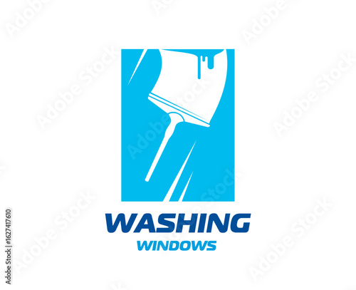 Window washing and cleaning service icon of glass scraper or squeegee, vector symbol. Domestic cleaning service for windows washing at home and office, housekeeping company blue sign or badge