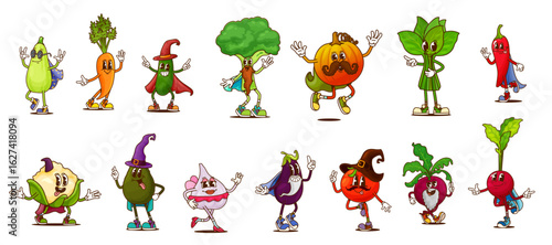 Cartoon groovy Halloween wizards and fairy vegetable characters with magic hats and capes. Vector hippie magicians vegetable personages of groovy funny tomato, carrot, avocado, pepper and broccoli
