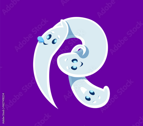 Halloween font R letter ghost cartoon funny character. Scary phantom mascot alphabet letter, Halloween monster character or creepy spirit personage font typeset vector element. English ABC symbol