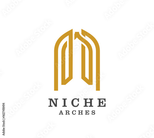 Niche arch icon of door or window for interior architecture design or house furniture, vector emblem. Niche arch icon of old castle door or palace building window glass frame of antique entrance