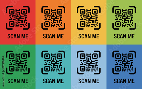 Multiple qr codes with scan me text on colorful backgrounds