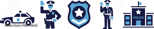 Police officers badge car and station icons representing law enforcement services