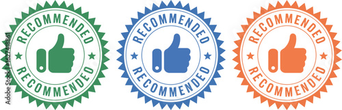 Three colorful recommended stamps with thumbs up icons in a row