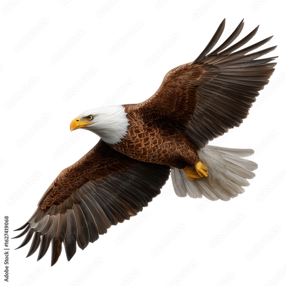 Fototapeta premium Majestic bald eagle in flight with detailed feathers and sharp talons isolated on transparent background