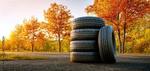 The stack of tires surrounded by vibrant autumn foliage on a peaceful road.
