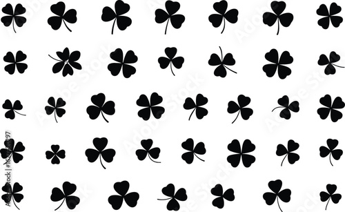 Black shamrock clover silhouette pattern ideal for St. Patrick’s Day graphics, Irish culture, good luck themes, and lifestyle designs.